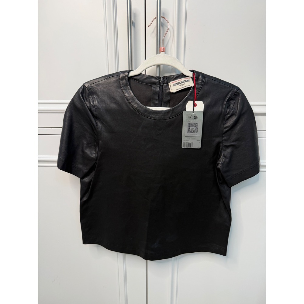 Zadig & Voltaire Tas Cuir Top Women S Noir Black NWT Leather Short Sleeve Zip.